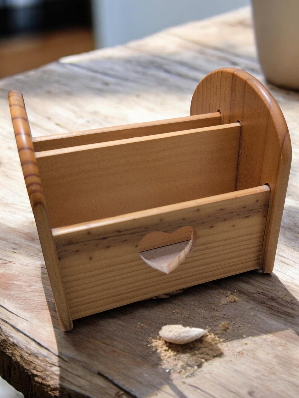 Cottagecore Heart Napkin Holder Wood Swivel Utensil Mail Holder